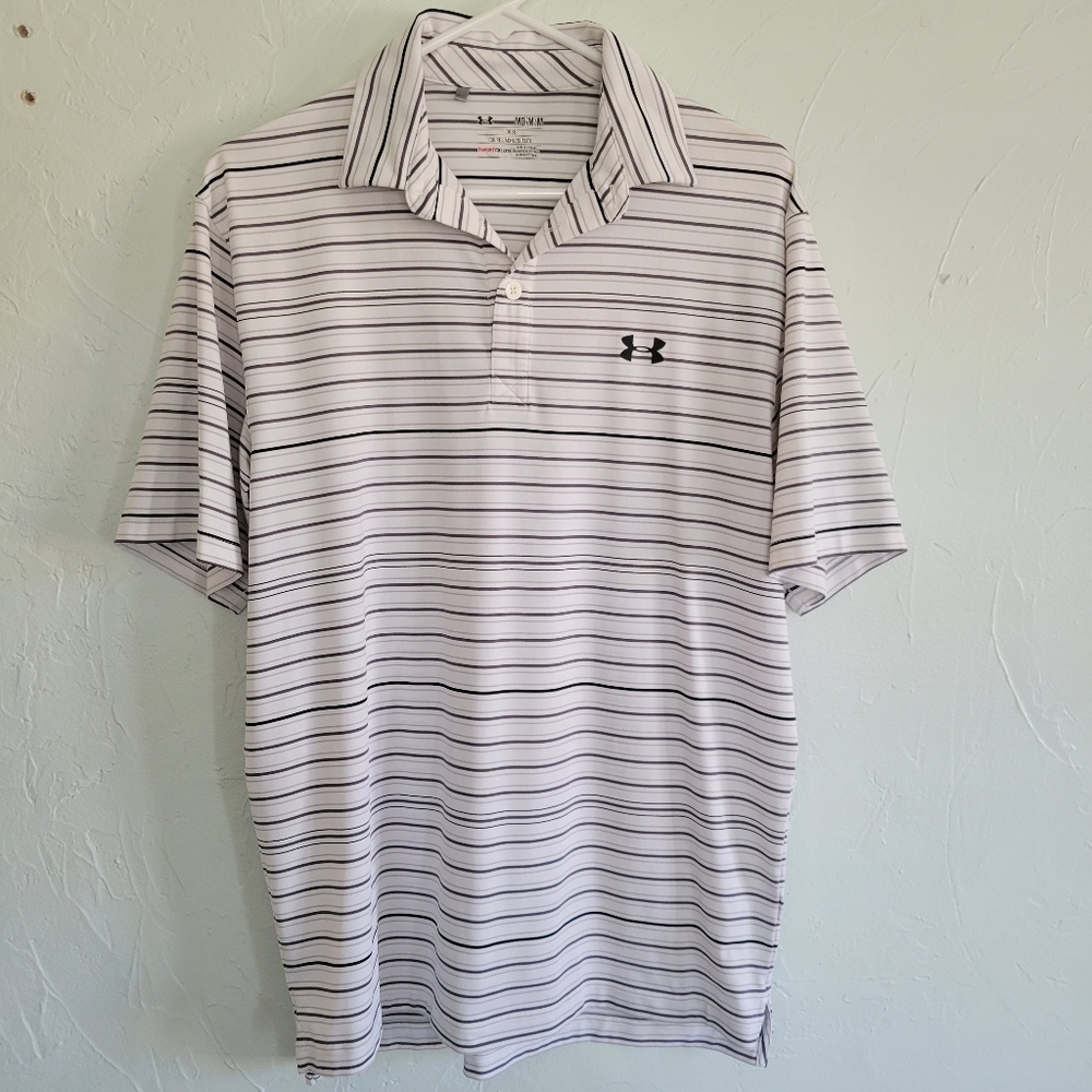 Men's Under Armour UA Heatgear Medium White Black Gray Stripe Polo Golf Shirt